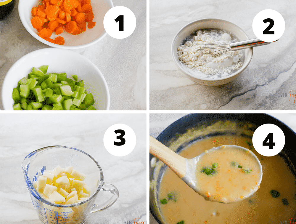 Collage of steps to make vegan potato soup