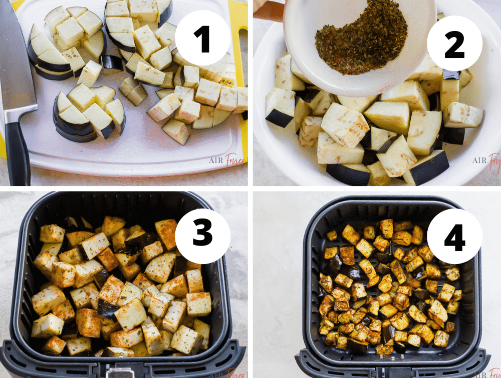 4 picture collage of how to make air fryer eggplant. Dice eggplant, add oil and spices then air fry