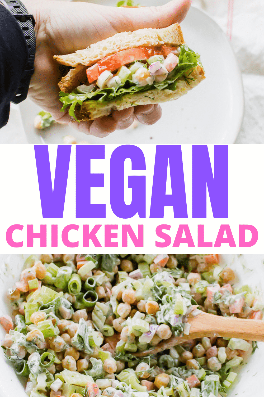 A vegan chicken salad sandwich with overlay text
