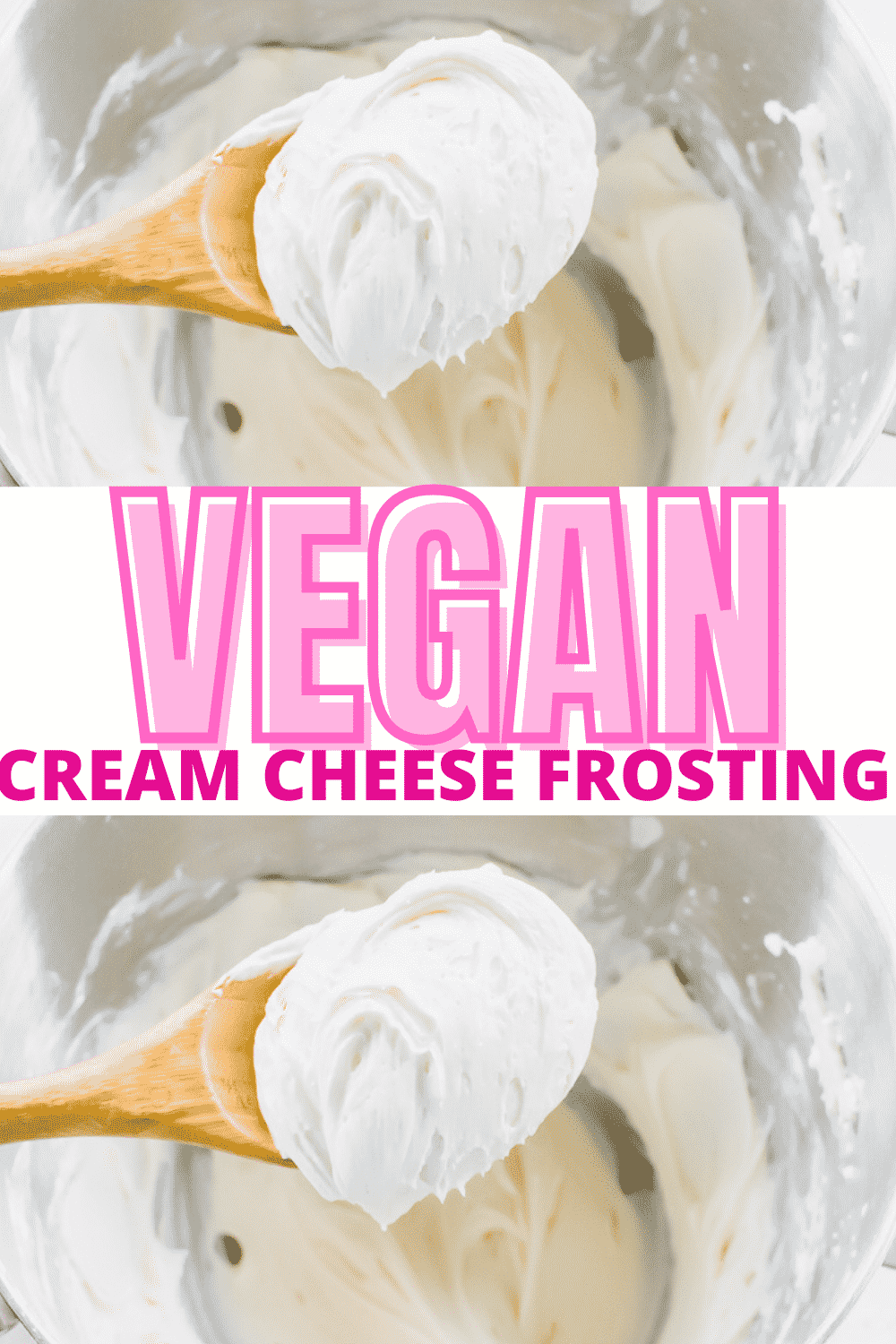 Whipped vegan cream cheese frosting on a wooden spoon with overlay text