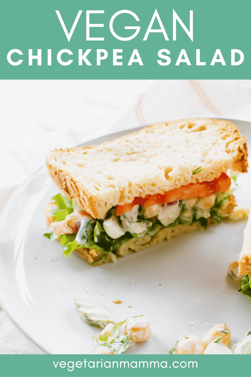 Vegan Chicken Salad is the best no-cook weeknight dinner! Pair it with soups in the winter or enjoy the cold chickpea salad plain in summer. #vegan #chickpeasalad #nocooking