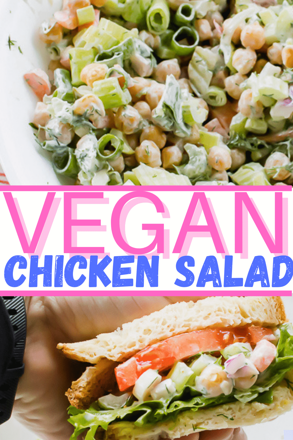 Vegan Chicken Salad is the best no-cook weeknight dinner! Pair it with soups in the winter or enjoy the cold chickpea salad plain in summer. #vegan #chickpeasalad #nocooking