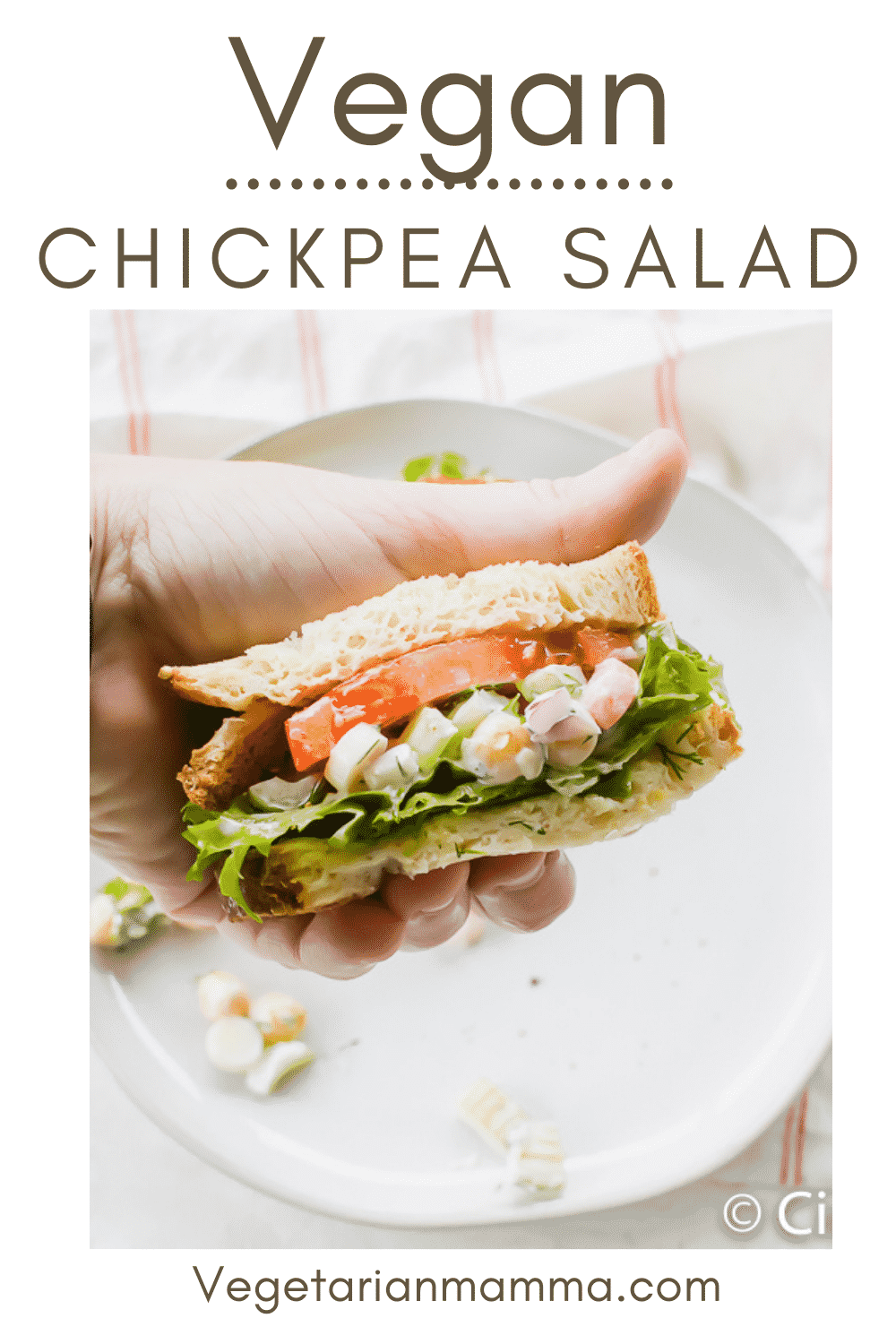 Vegan Chicken Salad is the best no-cook weeknight dinner! Pair it with soups in the winter or enjoy the cold chickpea salad plain in summer. #vegan #chickpeasalad #nocooking