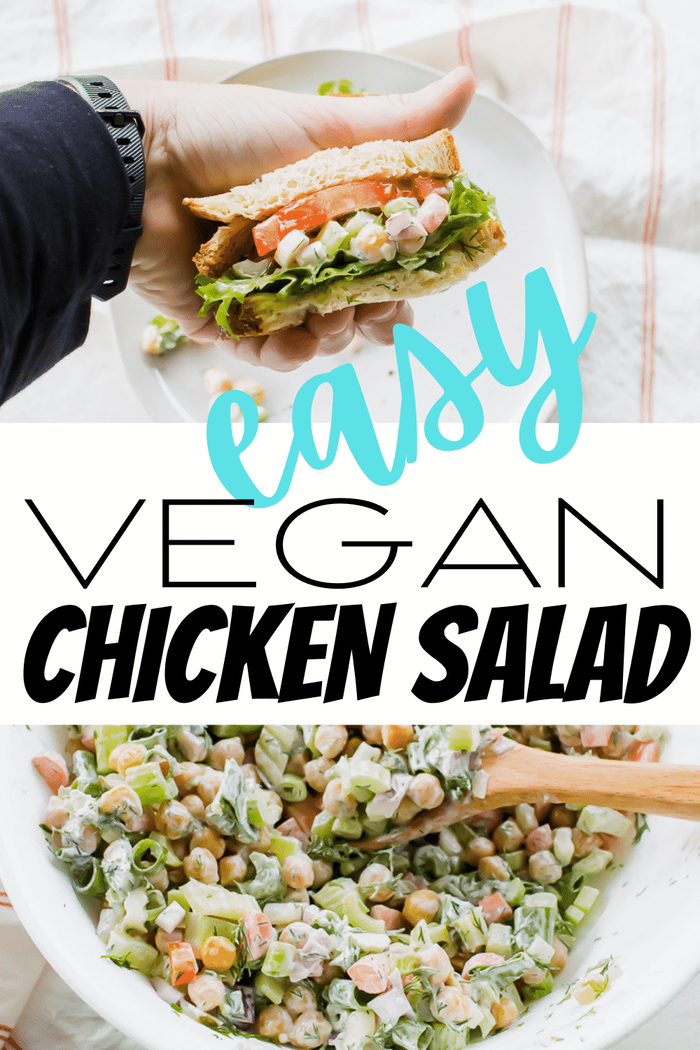 Vegan Chicken Salad is the best no-cook weeknight dinner! Pair it with soups in the winter or enjoy the cold chickpea salad plain in summer. #vegan #chickpeasalad #nocooking