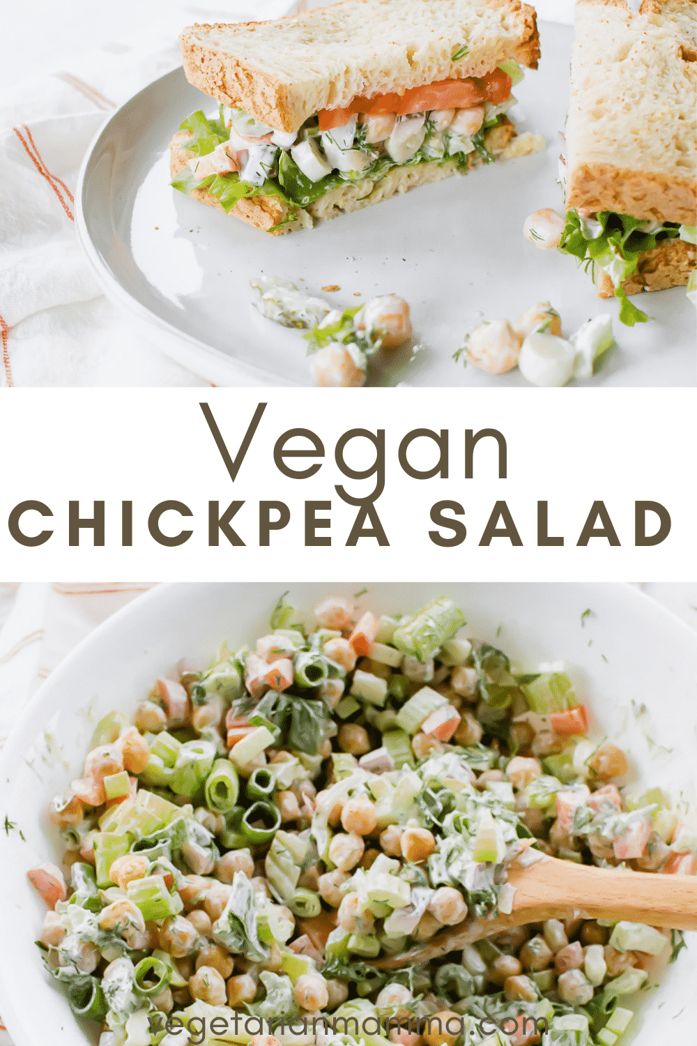 Vegan Chicken Salad is the best no-cook weeknight dinner! Pair it with soups in the winter or enjoy the cold chickpea salad plain in summer. #vegan #chickpeasalad #nocooking