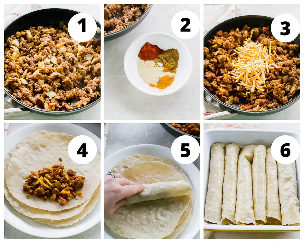 Collage of steps to make taquitos