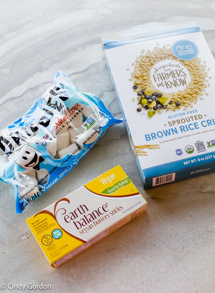 vegan marshmallows, vegan butter, and vegan crispy rice cereal