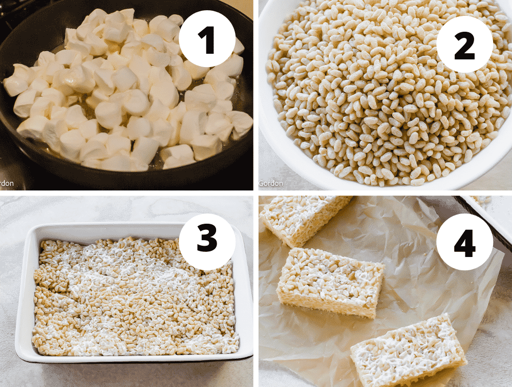 Collage of steps to make vegan rice crispy treats