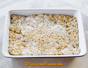 Pour the mixture into a greased 9x13 baking dish. Use a spatula to press the mixture into the pan.