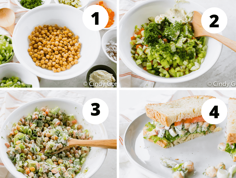 Collage of steps to make vegan chicken salad