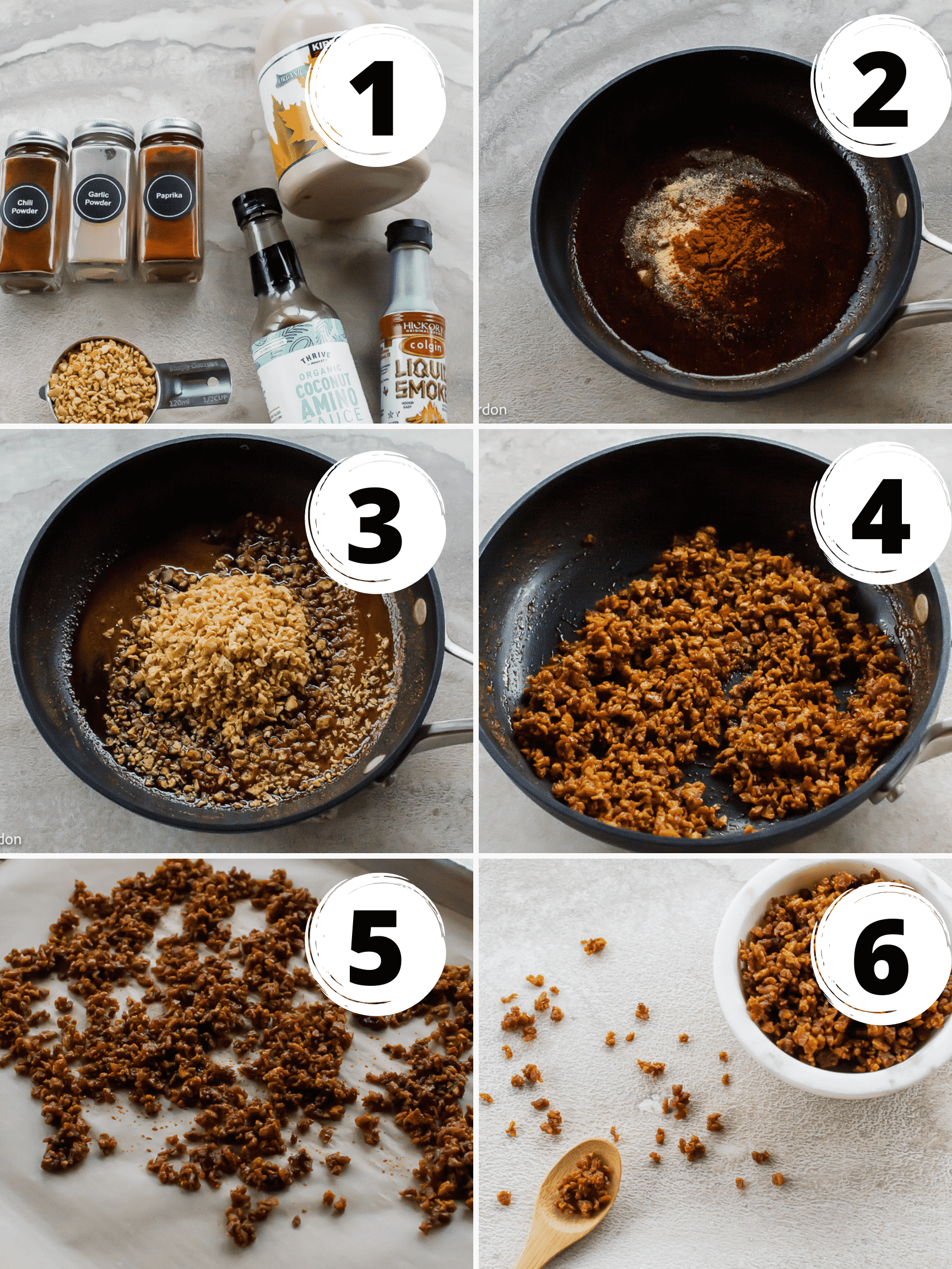 Collage of steps to make vegan bacon bits