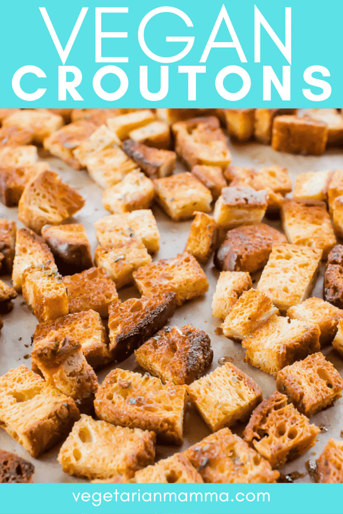 Close-up shot of vegan croutons on parchment paper with overlay text