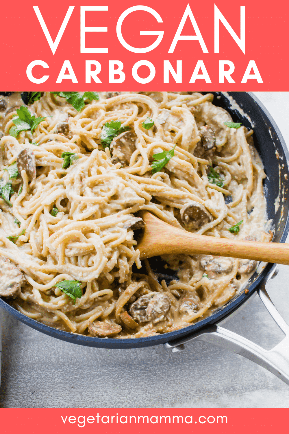 Vegan Carbonara is totally egg-free and made with no dairy! Make your own carbonara sauce with soaked cashews, coconut milk, nutritional yeast, and a little lemon juice. #vegancarbonara #carbonara