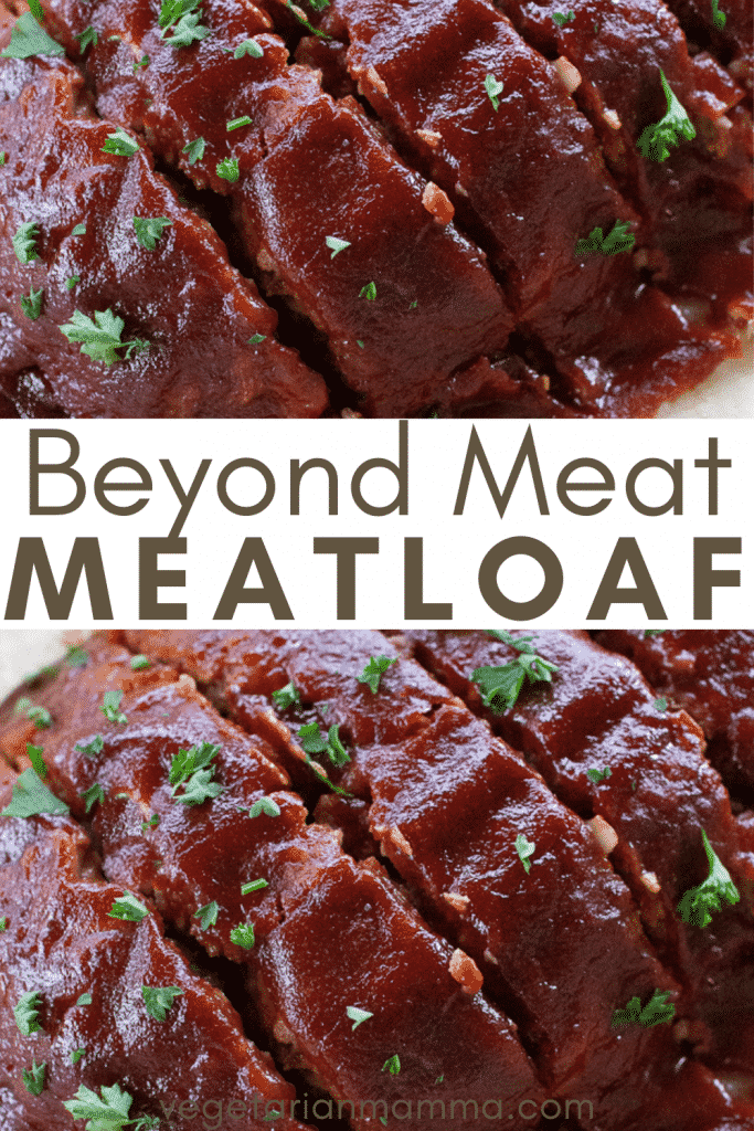 Close-up shots of a glazed Beyond Meat meatloaf with overlay text