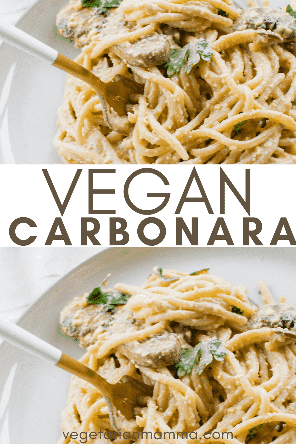 Vegan Carbonara is totally egg-free and made with no dairy! Make your own carbonara sauce with soaked cashews, coconut milk, nutritional yeast, and a little lemon juice. #vegancarbonara #carbonara