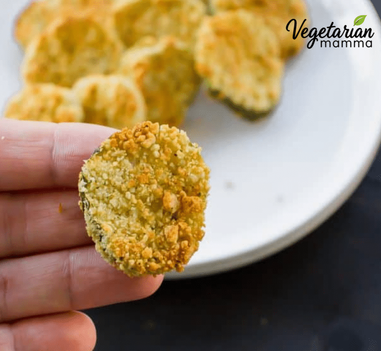 Close up picture of a single fried pickle