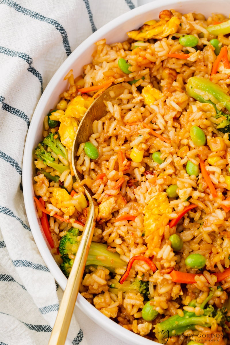 cooked air fryer fried rice in white bowl