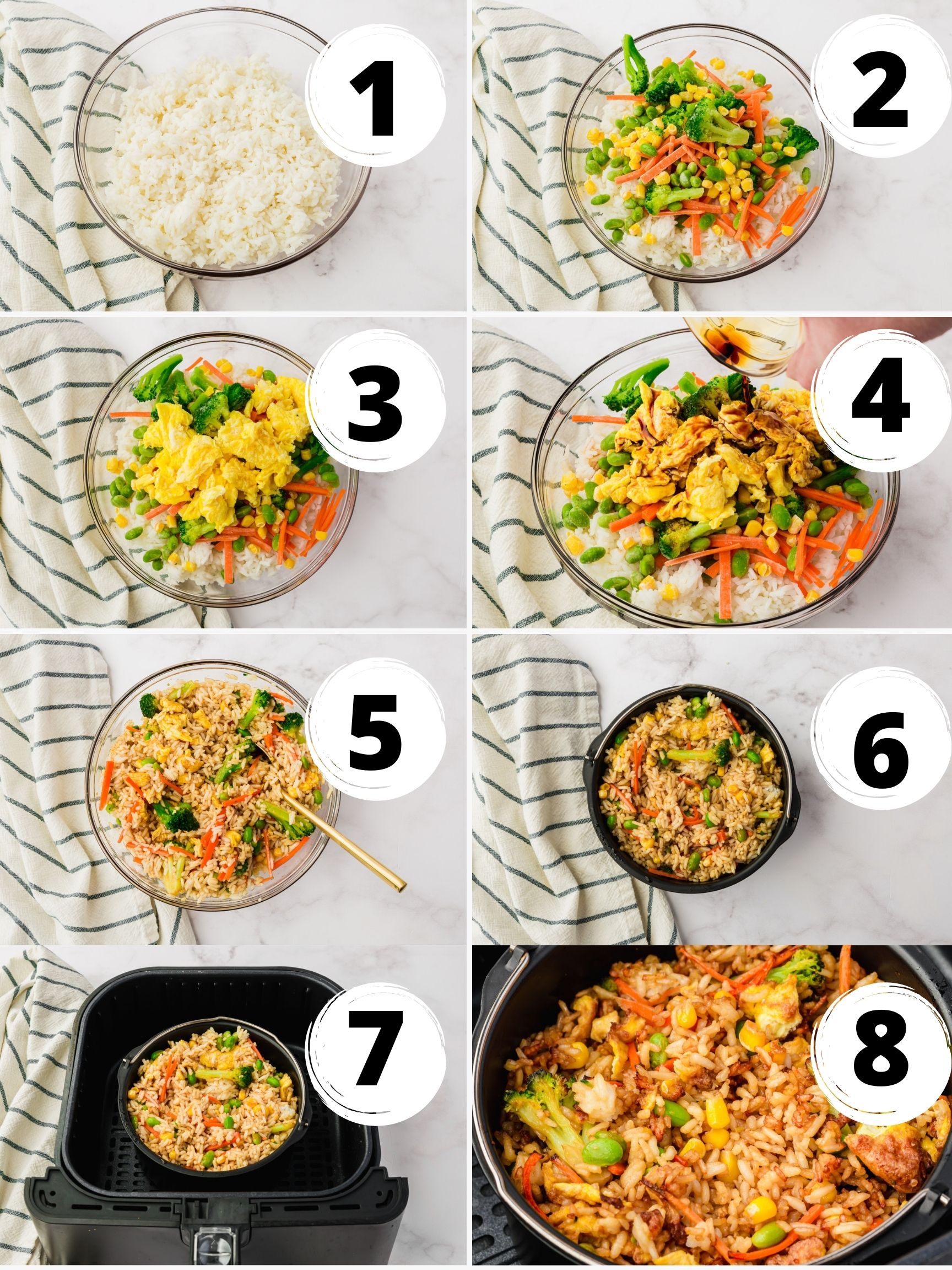 collage image of 8 steps to make air fryer fried rice