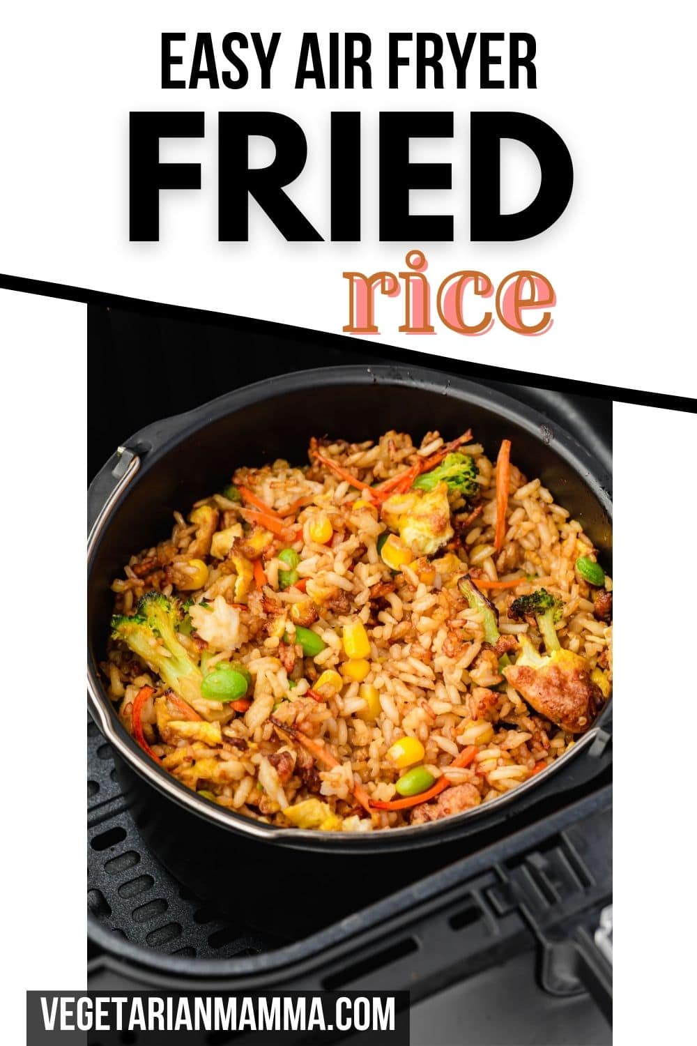Air Fryer Fried Rice is a quick and easy air fryer recipe. No need to order take out, this air fryer fried rice will make your tummy happy without the hassle of extra oil and salt! #airfryer #friedrice