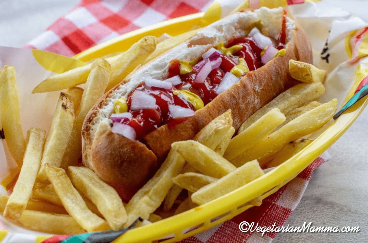 air fryer hot dog with ketchup onions and mustard