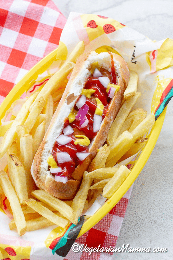 air fryer hot dog with ketchup onions and mustard