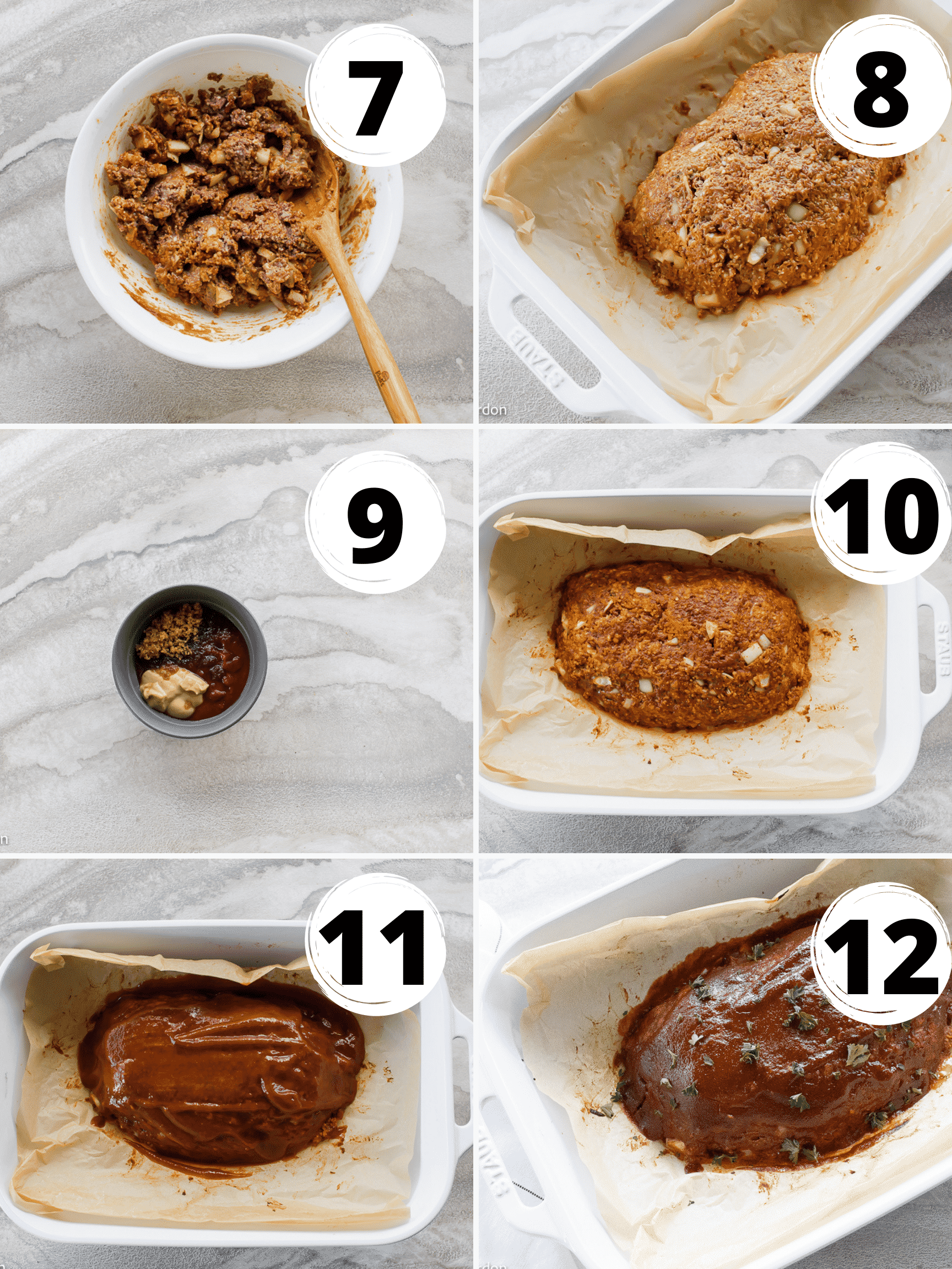 Collage of steps to form and bake a vegan meatloaf