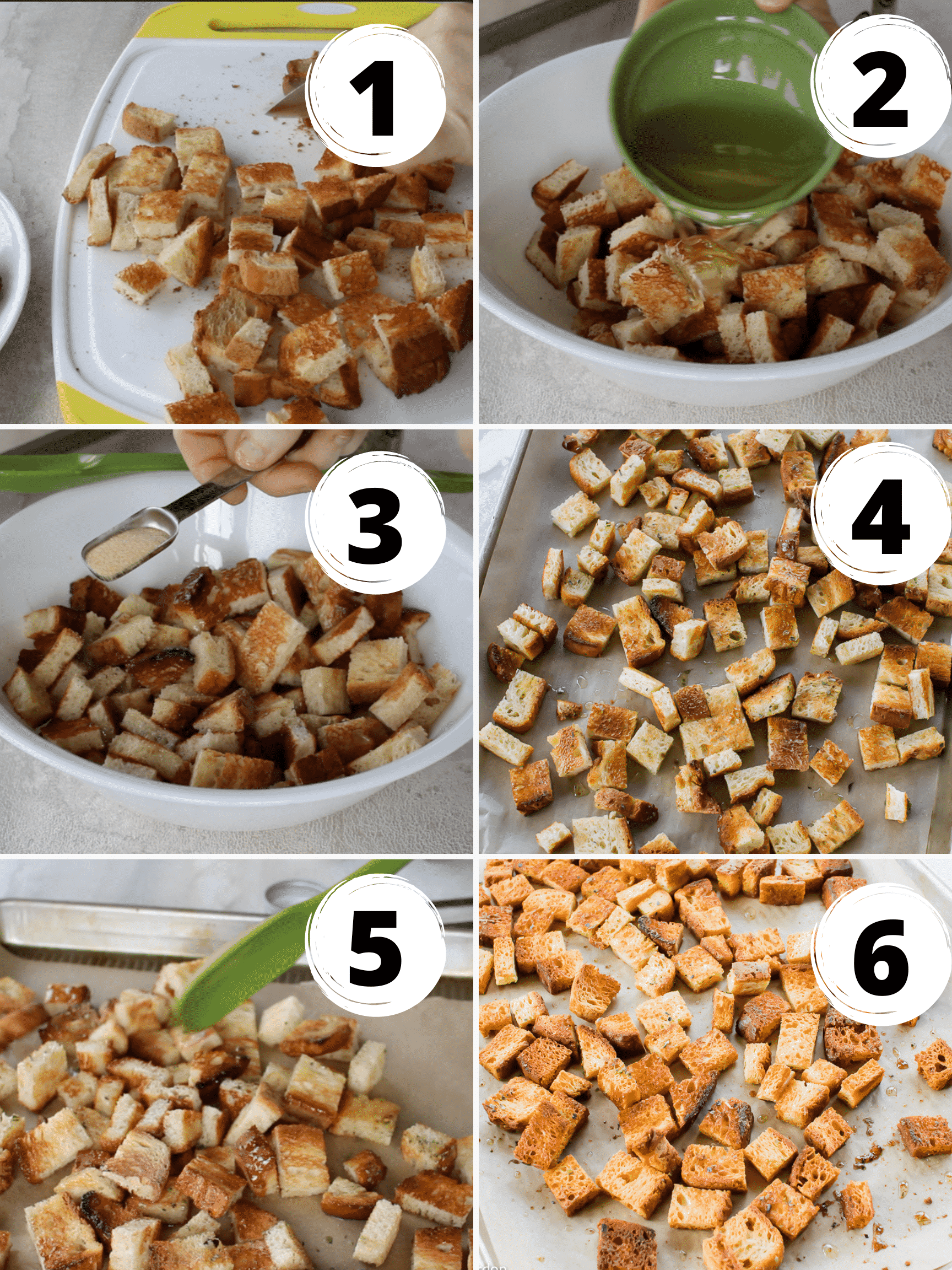 Collage of steps to make the best baked vegan croutons 