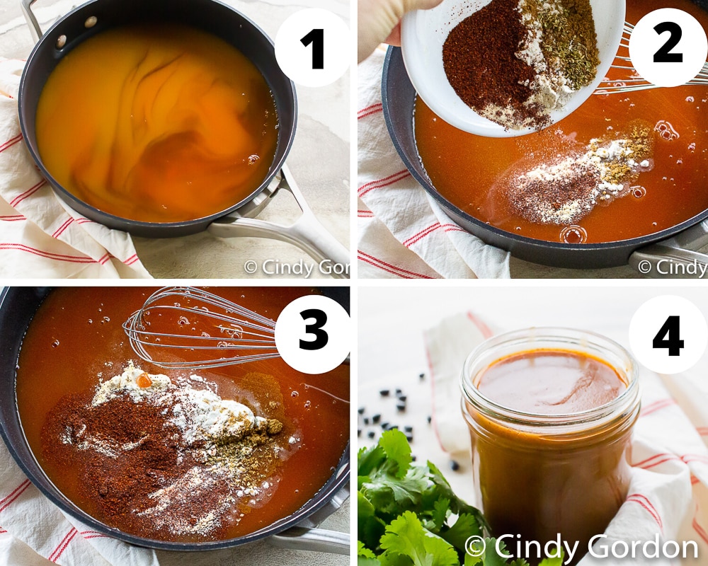 Collage of steps to make the best vegan enchilada sauce
