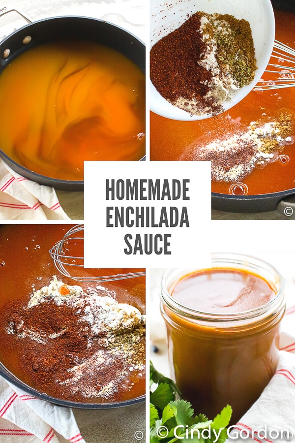 Homemade Vegan Enchilada Sauce is the perfect red sauce for all your Mexican-inspired dishes! Top yummy rolled corn tortillas with this simple tomato sauce with chili powder, cumin, garlic powder, and oregano.