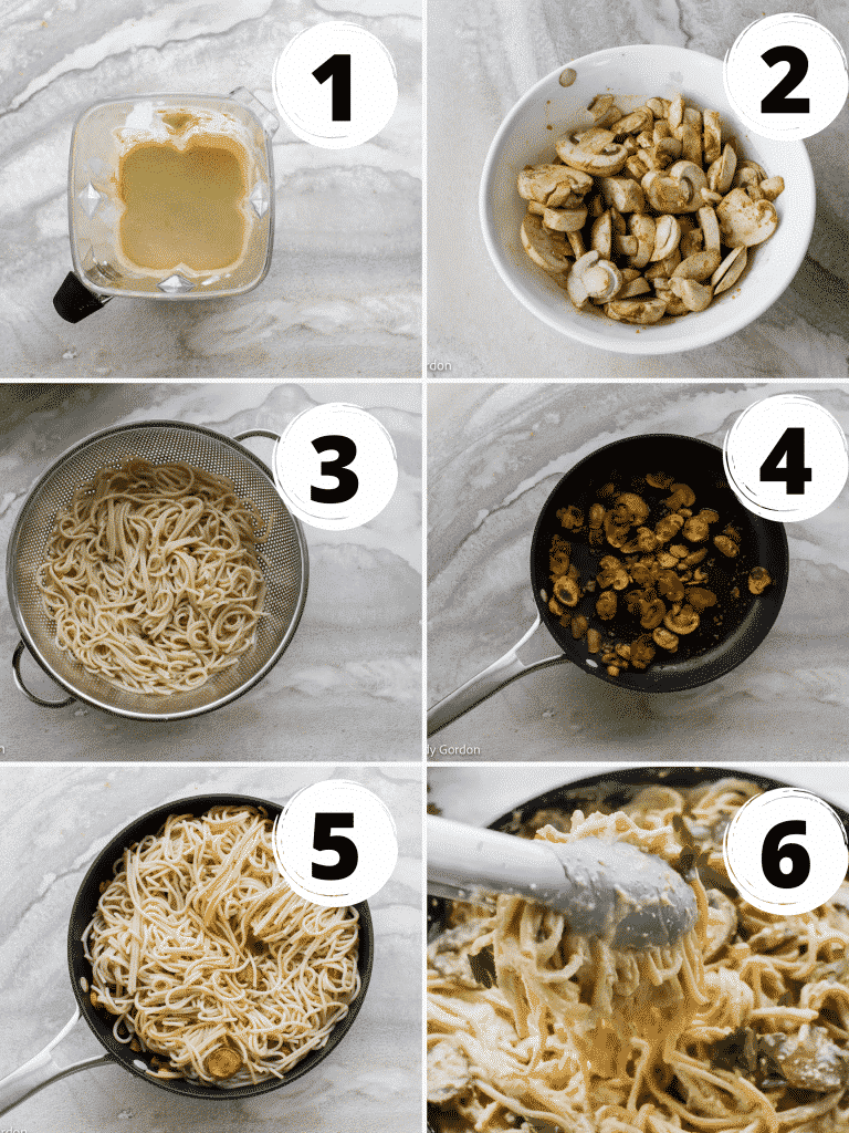 Collage of steps to make vegan carbonara with mushrooms and spaghetti noodles