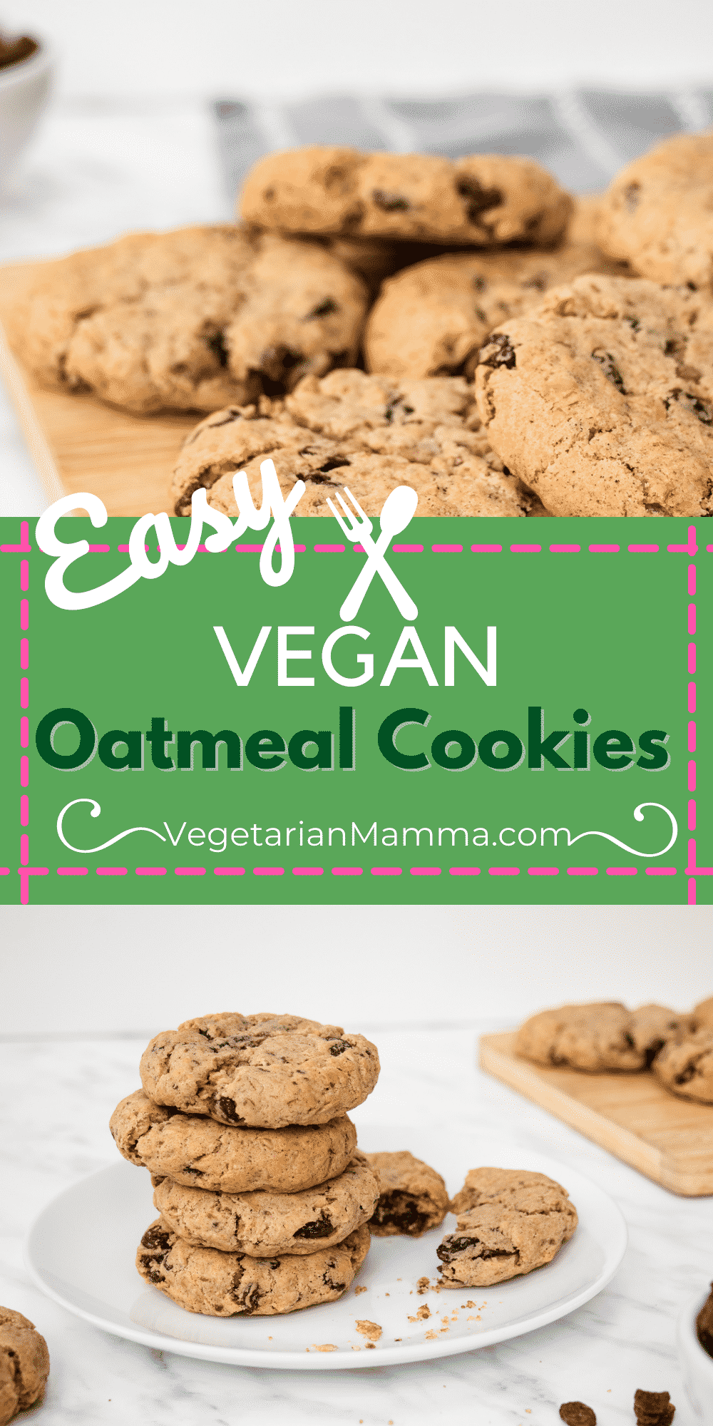 These Vegan Oatmeal Cookies are totally gluten free and a great Celiac snack! They're super easy to whip together with gluten-free rolled oats, yummy raisins, and a pinch of cinnamon.