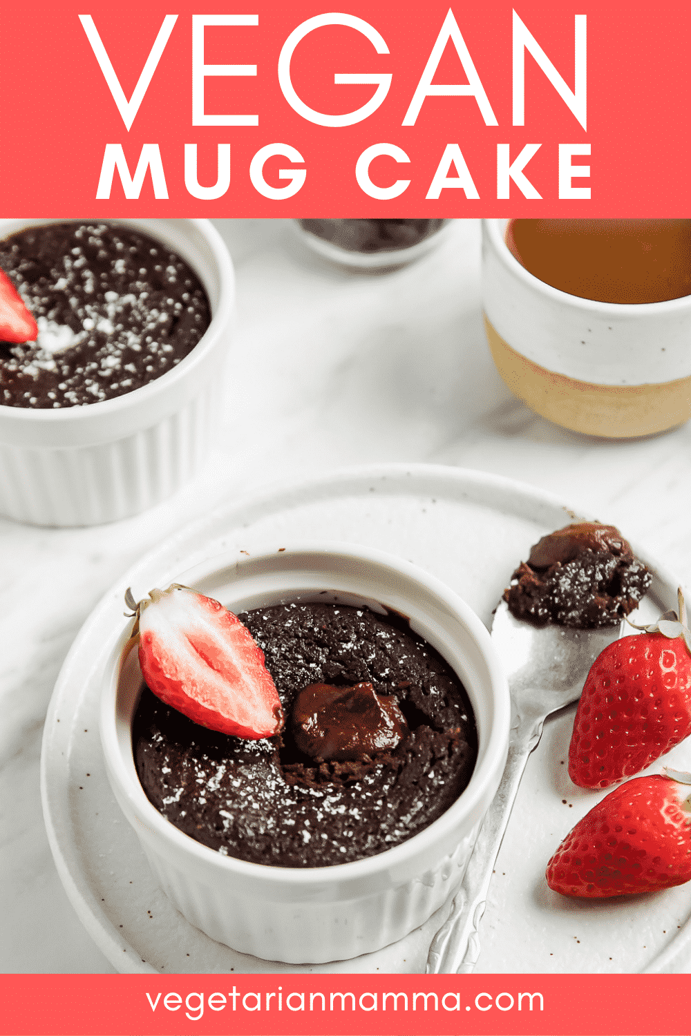 Vegan Chocolate Mug Cakes are the perfect single-serve dessert! These decadent gluten-free chocolate cakes are so rich and chocolatey, you'll never believe it was made in the microwave. #vegandessert #mugcake #latenightsnack