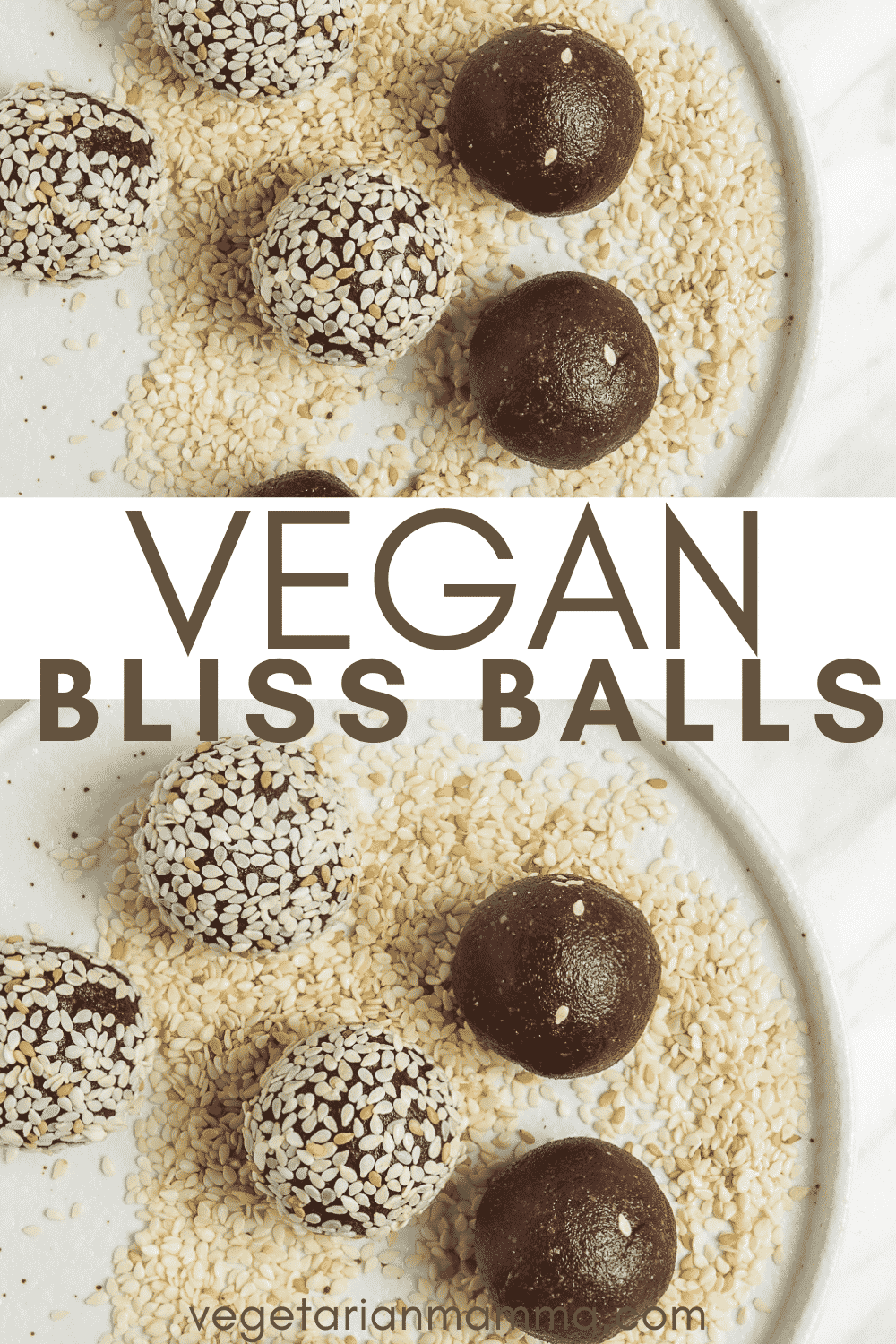 Bliss Balls are so decadent you'll forget they're healthy, too! These vegan chocolate tahini balls are covered in sesame seeds for the best no-bake dessert, afternoon snack, or even breakfast on-the-go. #vegansnack #energyballs