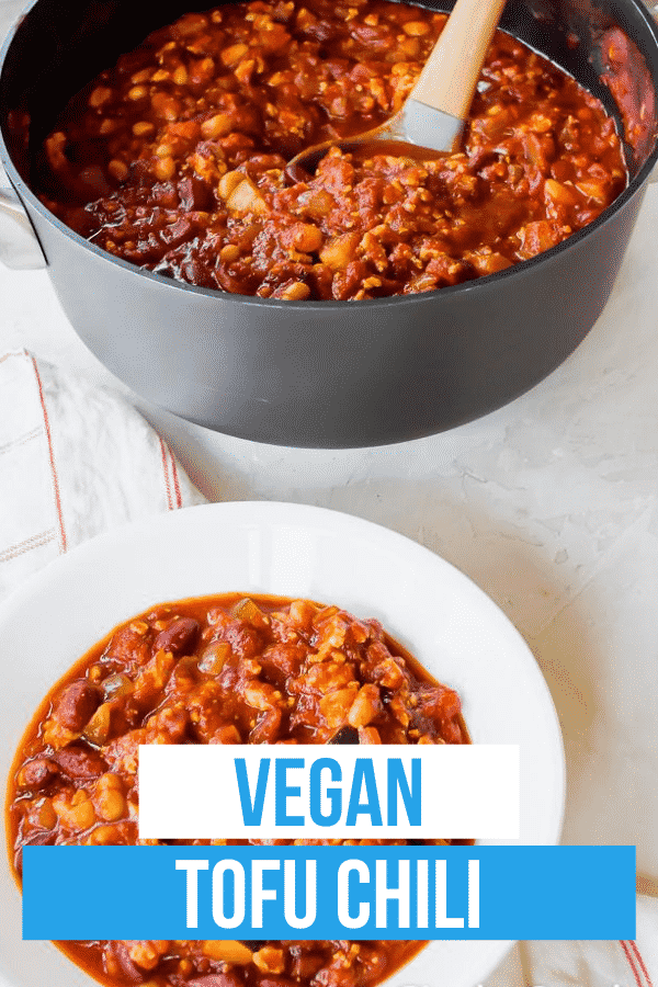 Hearty Tofu Chili is the best vegan comfort food. You can make this chili recipe in less than an hour with tons of succulent veggies and protein-packed beans. #vegansoup #veganrecipes