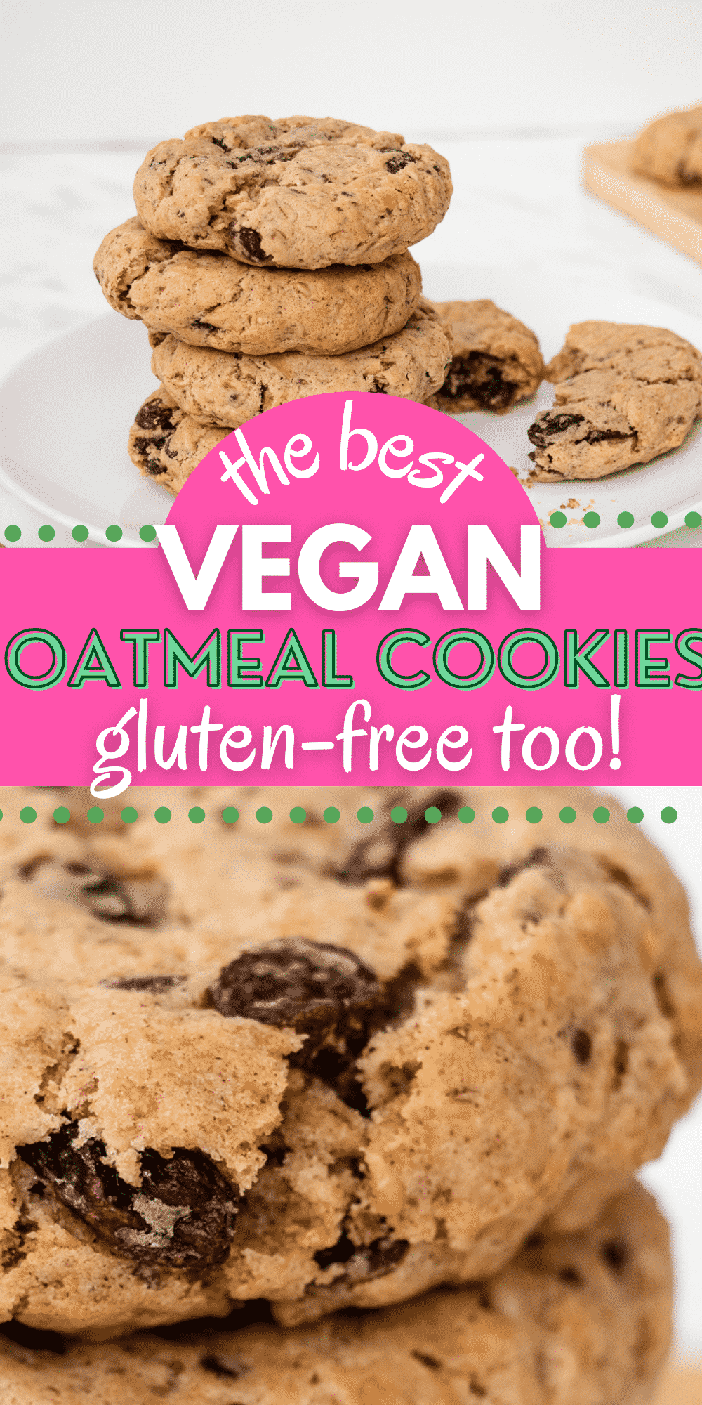 These Vegan Oatmeal Cookies are totally gluten free and a great Celiac snack! They're super easy to whip together with gluten-free rolled oats, yummy raisins, and a pinch of cinnamon.