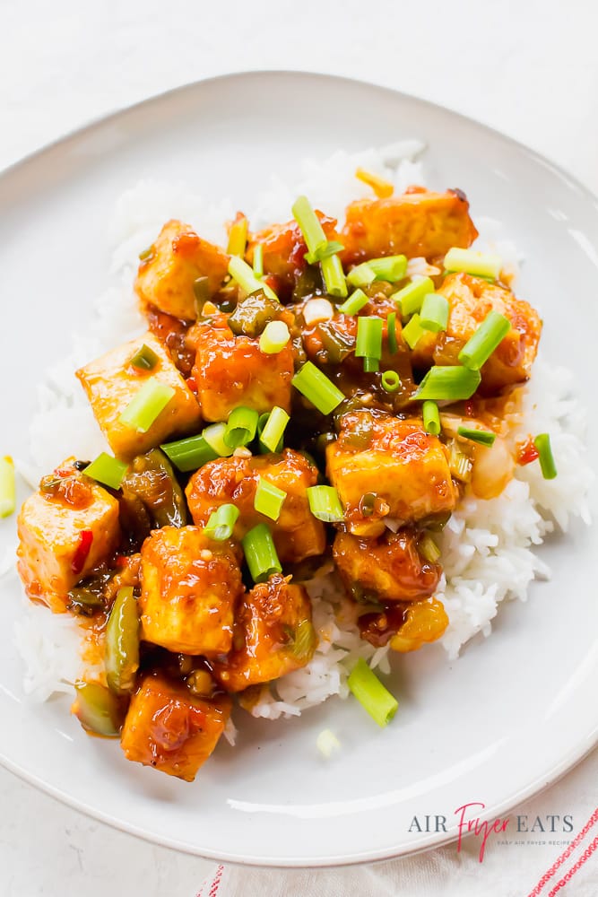 Bite-size tofu cubes with onions and peppers in a rich brown sauce on a bed of white rice