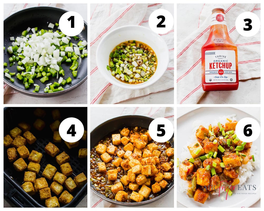 Collage of steps to make Manchurian sauce for air fried tofu