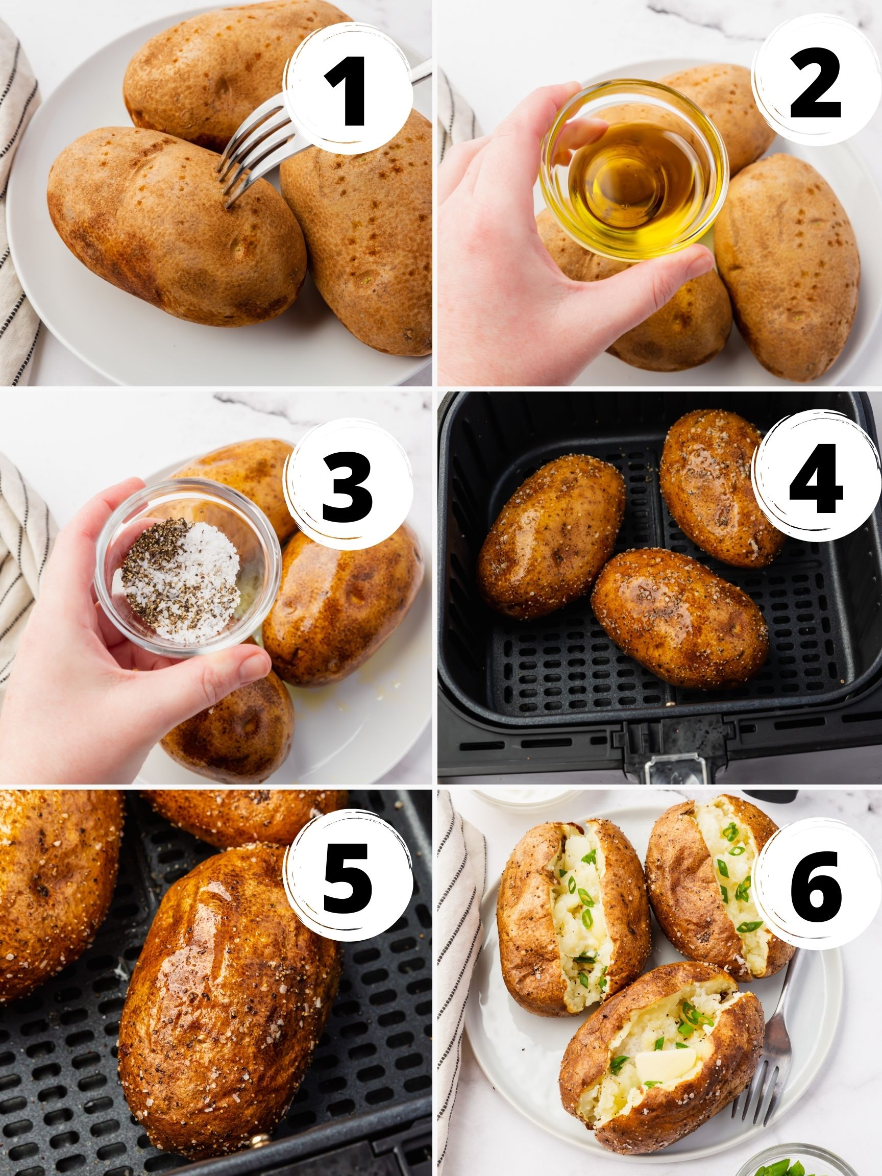 6 step collage showing how to make air fryer baked potatoes
