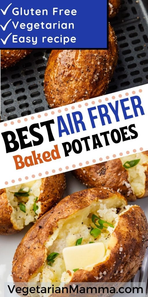 brown baked potato with butter and parlsey with text: best air fryer baked potatoes