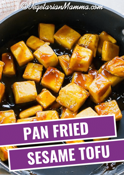 Sesame Tofu is the easiest Asian-inspired vegetarian dish ever! Crispy pan-fried tofu is covered in a soy, honey, and sweet Thai chili sauce and garnished with sesame seeds. #sesametofu #tofu via @vegetarian mamma