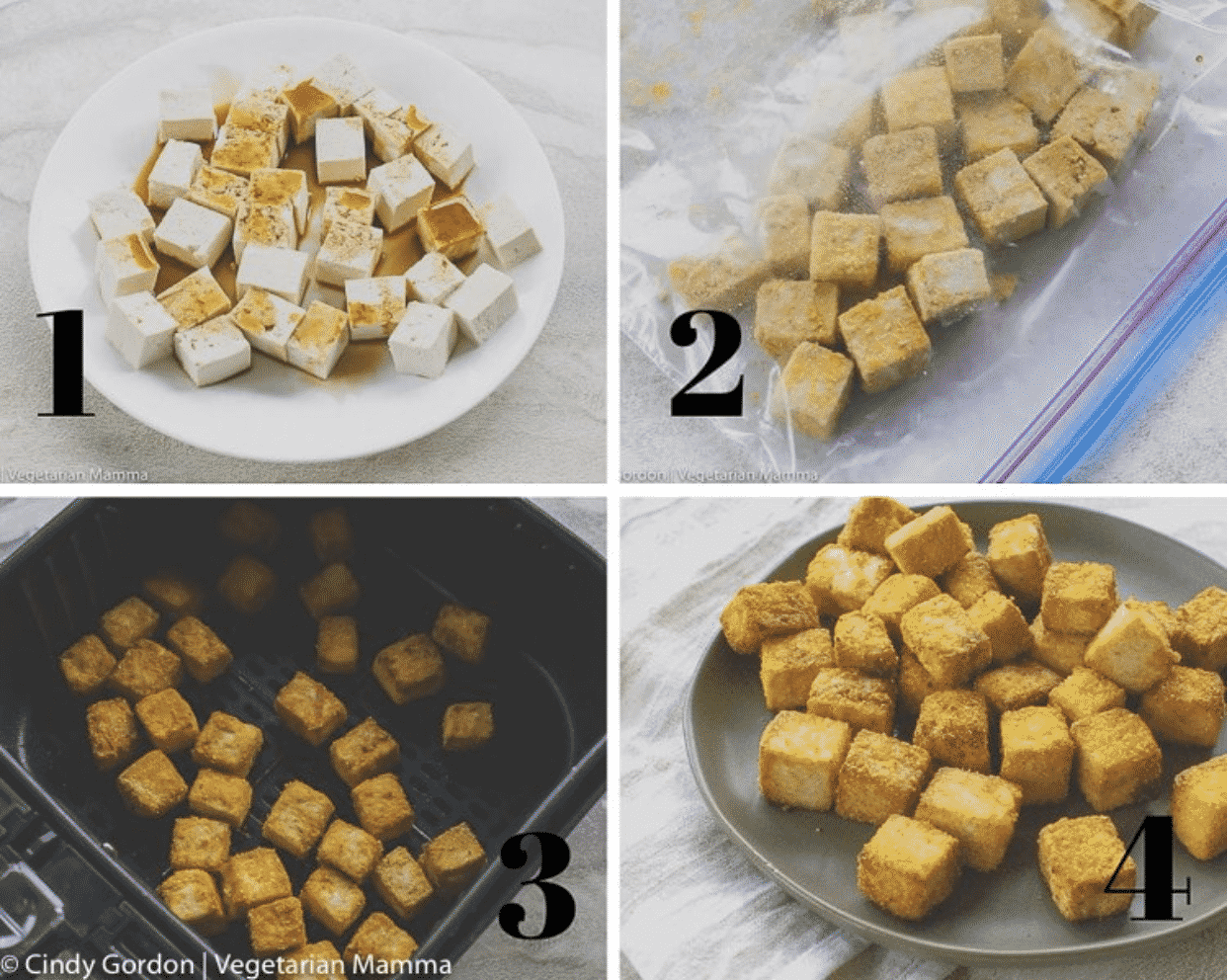 Collage of steps to make crispy tofu in the air fryer