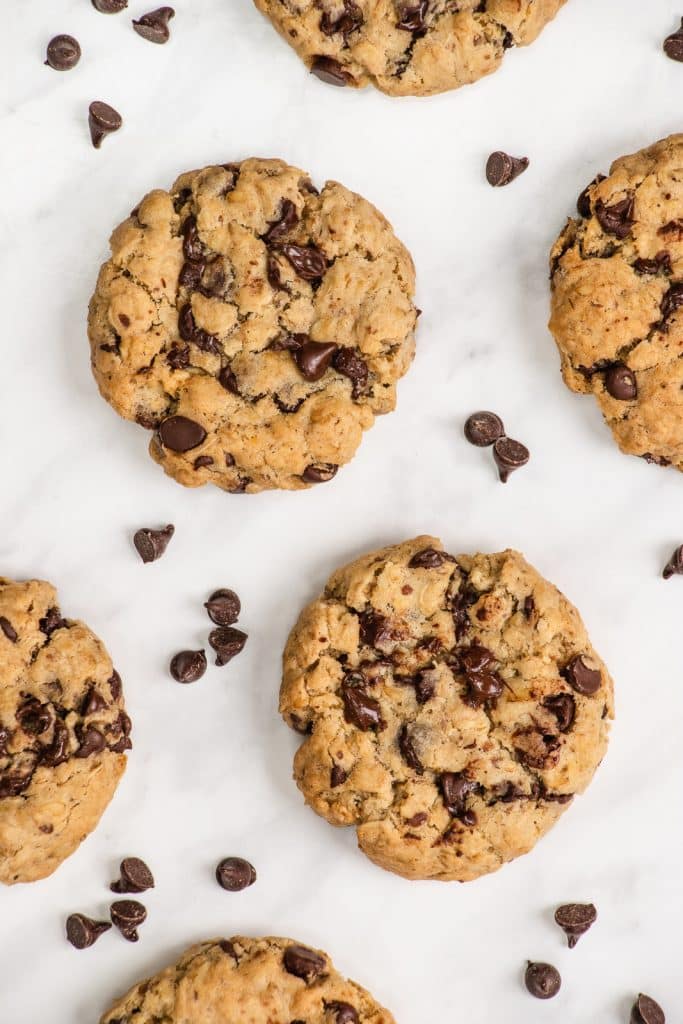 Close-up shot of oatmeal chocolate chip cookies with melting chocolate chips inside