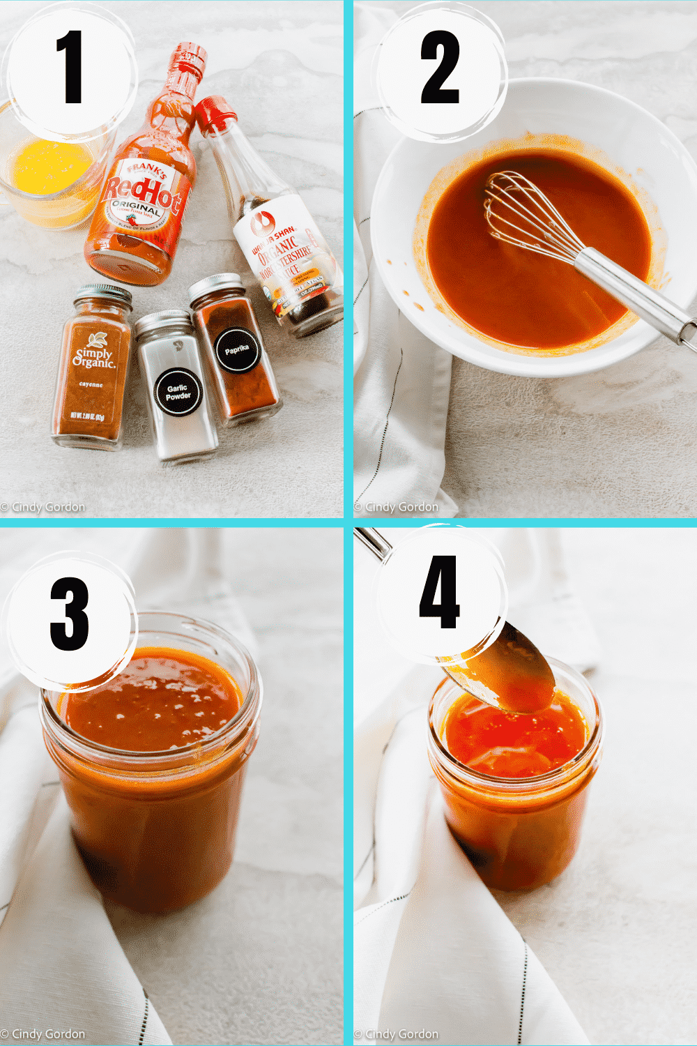 A collage of steps to make vegan buffalo sauce with 6 ingredients