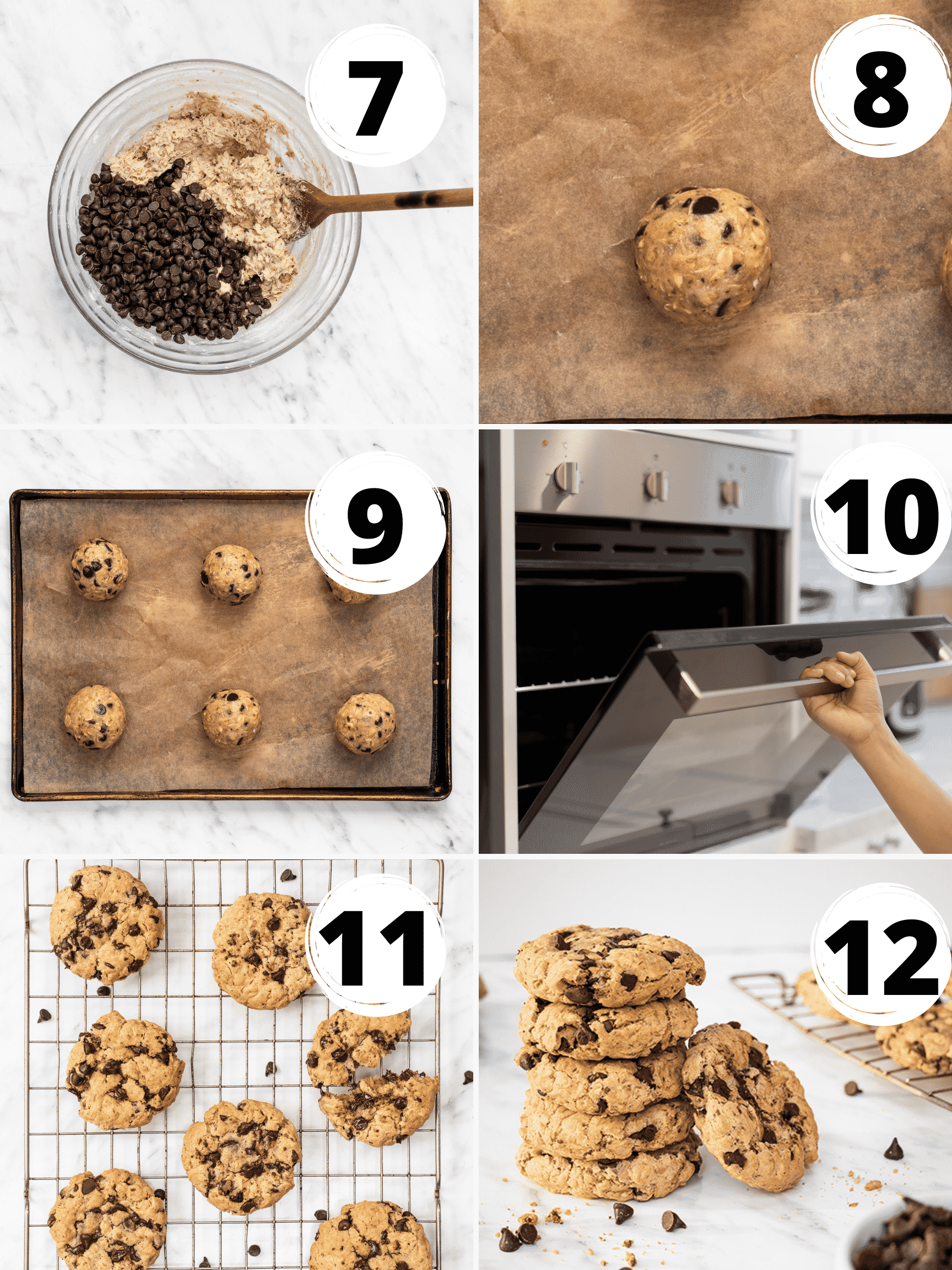 A collage of steps to make vegan oatmeal chocolate chip cookies