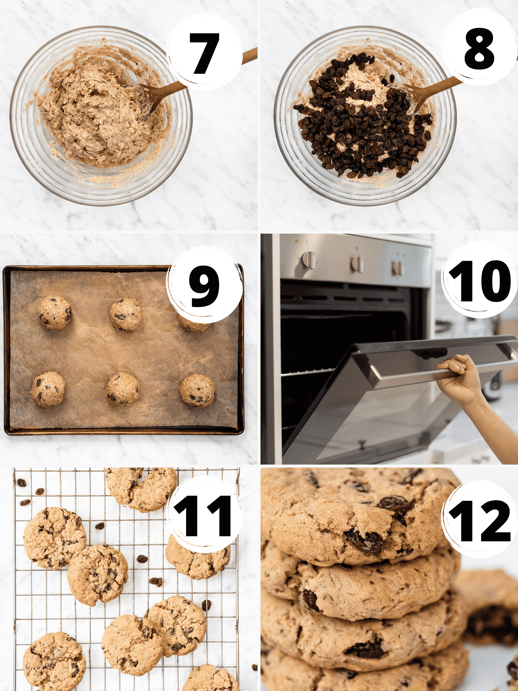 Collage of steps for how to make vegan oatmeal raisin cookies