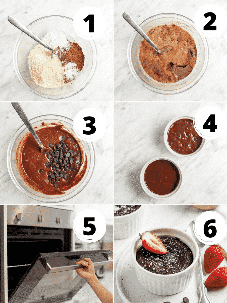 Collage of steps to make the best vegan chocolate mug cakes in the microwave