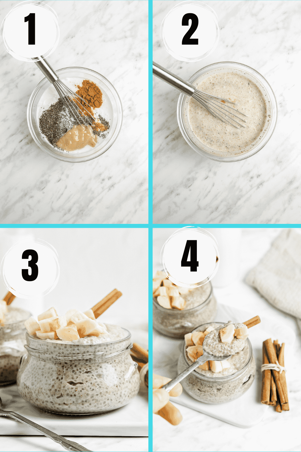 Collage of steps to make vegan banana chia seed pudding