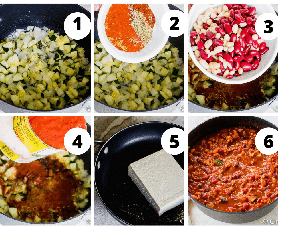 Collage of steps to make tofu chili with zucchini and beans