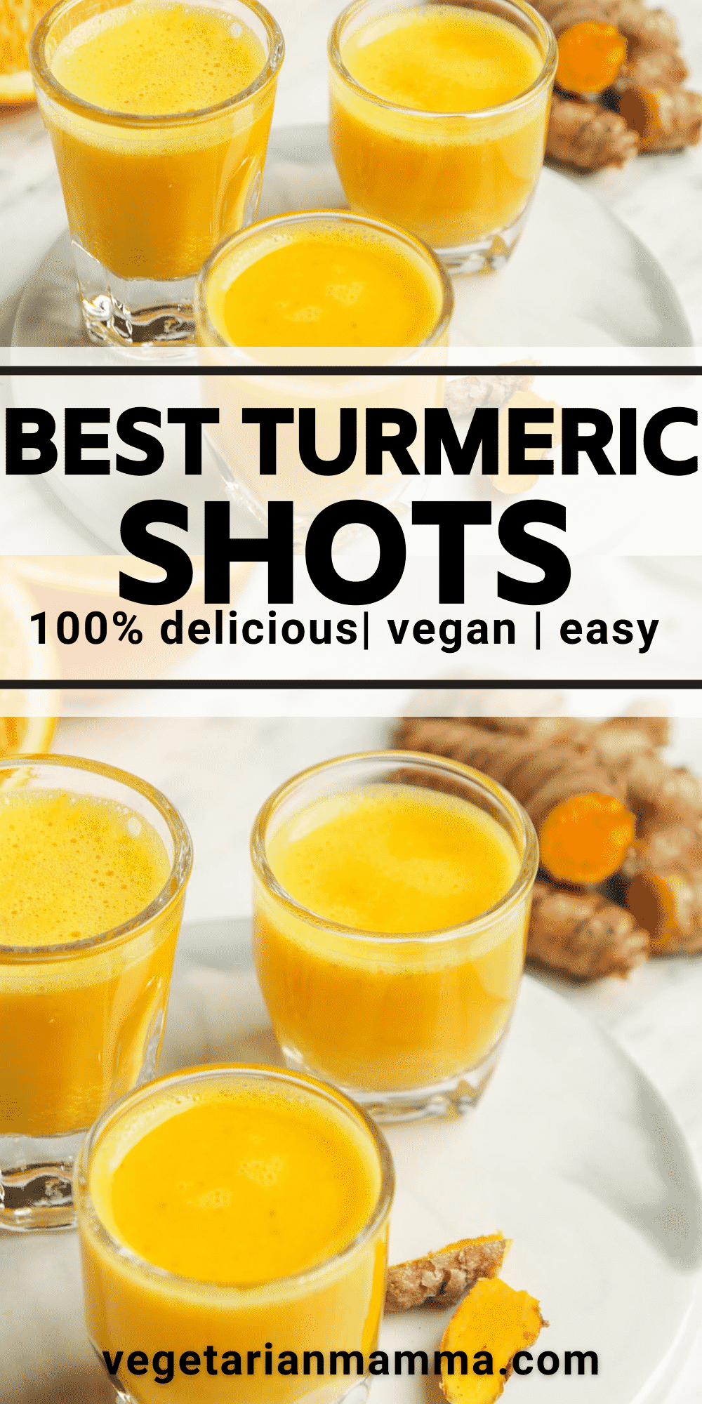 Turmeric shot pinnable image. Image has clear glasses filled with orange liquid, text overlay best turmeric shots