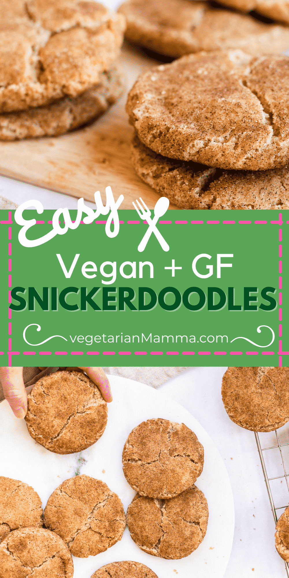 Vegan Snickerdoodle Cookies are so chewy and soft, you'll never believe they're gluten-free! Rolled in homemade cinnamon sugar, they're the perfect simple cookie recipe. #veganbaking #glutenfreecookies